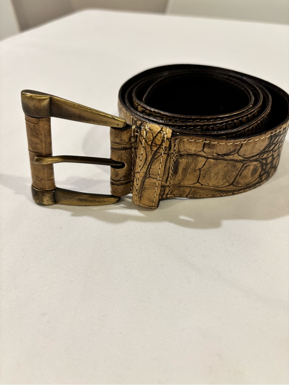 Max Mara Italy Gold Metallic Crocodile Embossed Leather Belt Medium 93cm